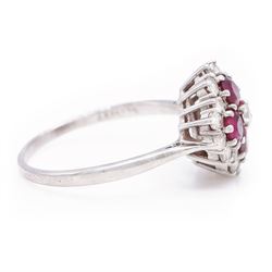 18ct white gold ruby and diamond cluster ring, set with round round cut rubies and seventeen round brilliant cut diamonds, total ruby weight approx 1.15 carat, total diamond weight approx 0.55 carat