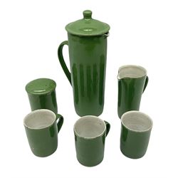 Rupert Spira (born 1960) stoneware coffee service decorated with vivid green glaze, comprising coffee pot, three cups, lidded sucrier and milk jug, all having impressed RS marks beneath, tallest H25cm