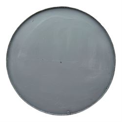 Substantial contemporary wall clock, mottled grey face with black Roman numerals and black spade hands, backed by a grey-painted metal panel