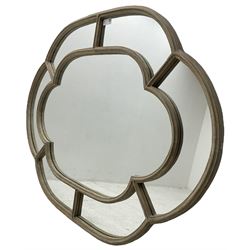 Large hardwood wall hanging mirror, shaped and moulded frame, plain mirror plate 