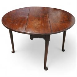 George III mahogany dining table, oval drop-leaf top on gate-leg action base, cabriole supports with pad feet