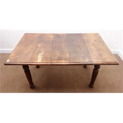  19th century oak telescopic extending dining table, moulded rectangular top with additional leaf, turned and reeded supports, 90cm x 144cm, H77cm  