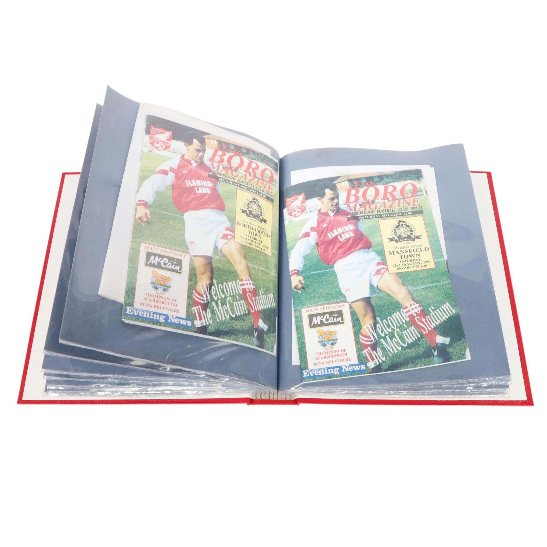 Comprehensive collection of approximately one-hundred and seventy Scarborough FC football programmes for the 1993/94, 1994/95 and 1995/96 seasons, all filed within six dedicated Scarborough FC red Home and Away binders