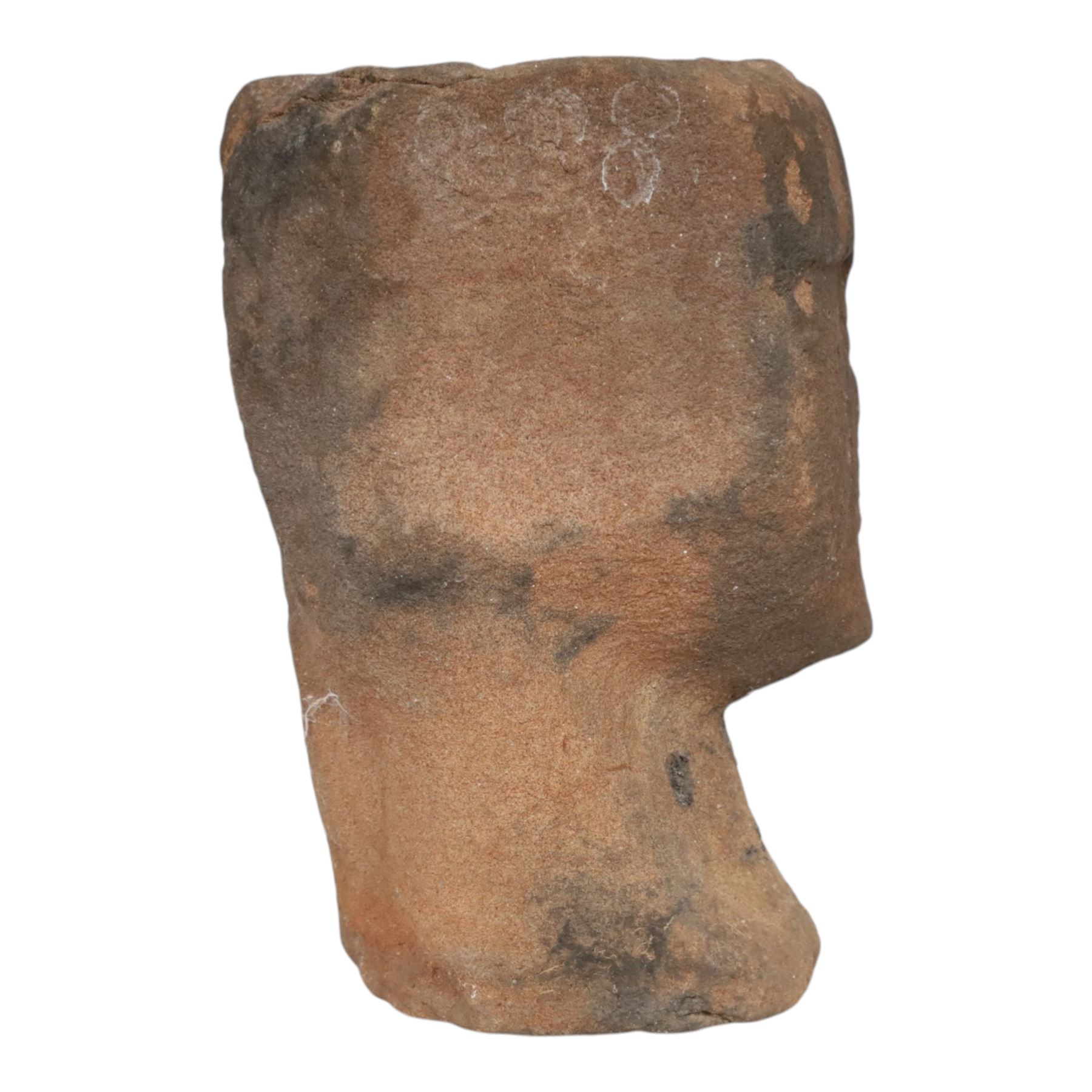 Sandstone carving, modelled as a stylised anthropomorphic head with simple facial features, H30cm