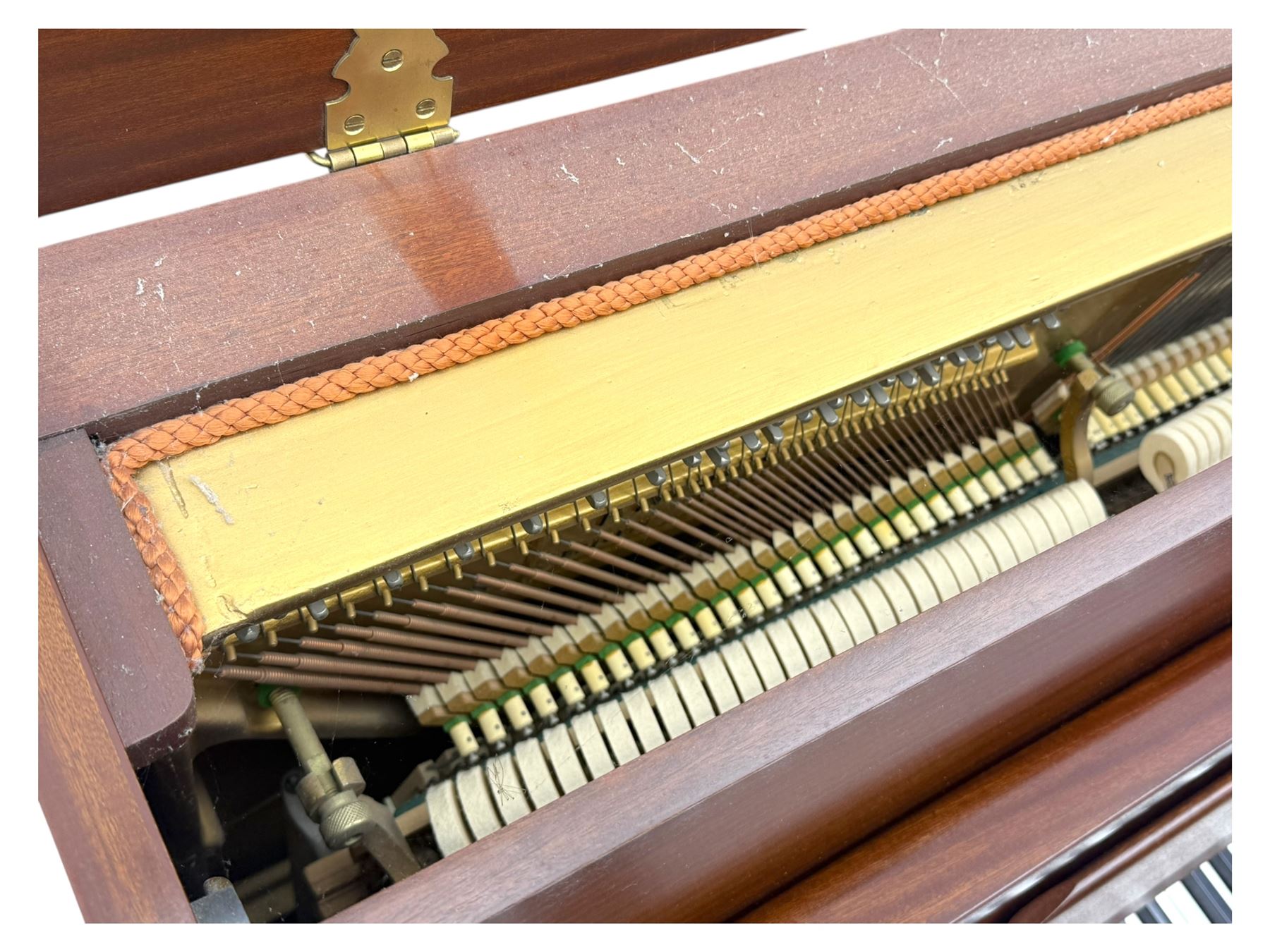 Knight - 20th century upright piano, in polished mahogany case with fall-front lid and twin brass pedals, complete with matching storage bench upholstered in brown fabric with receipt from Harrods (H 50cm x D 37cm W 95cm) 