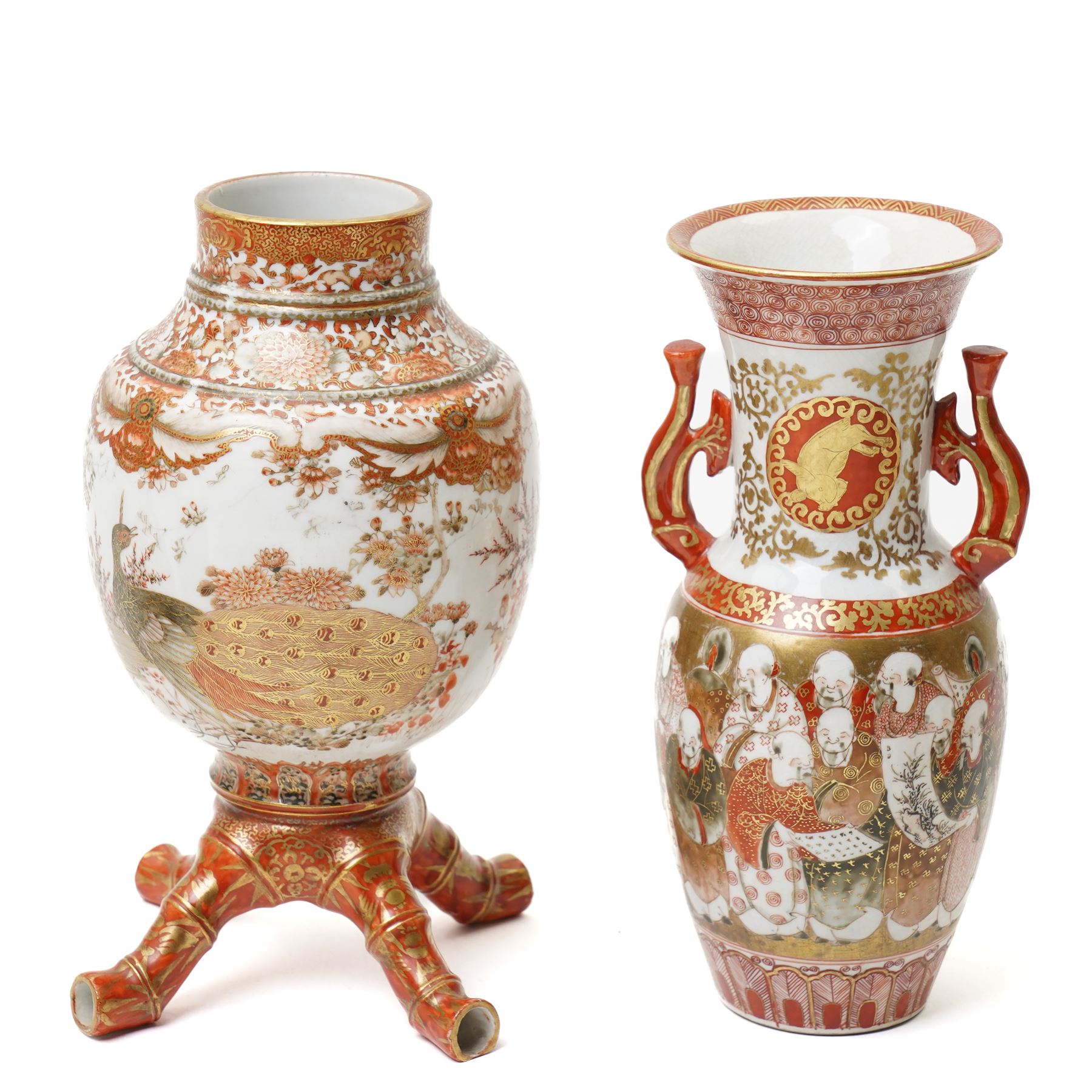 Collection of 19th century Japanese Kutani wares, including two pairs of vases, a twin handled vase painted with elder figures, and one other vase with imitation bamboo feet, painted with birds, largest H23cm (6)