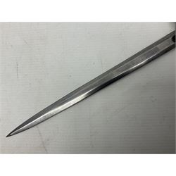 Late WW2 German Army Officers dress dagger, with unmarked 25cm double edged steel blade, orange celluloid grip, pommel and ferrule with oakleaves relief and cross guard with eagle; in original beaded scabbard with two hanging rings L39.5cm overall