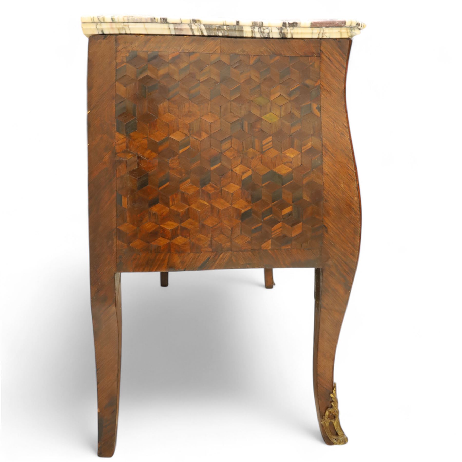 Late 18th-century Louis XV kingwood marquetry commode, rectangular top with original serpentine Breche marble top, above two long crossbanded drawers with rococo style gilt bronze handles and escutcheons in marquetry framed panel in various woods, shaped and centered apron with gilt bronze foliate mounts, sides and drawer fronts with cube geometric marquetry design, on slender cabriole legs with gilt bronze sabots  
