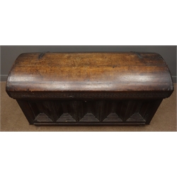  Eastern hardwood dome top coffer, strapwork hinged lid with chip carved frieze above five stepped carved panels on turned supports, W125cm, H70cm, D53cm Provenance: West Heslerton Hall  