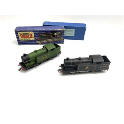 Hornby Dublo - three-rail Class N2 0-6-2 Tank locomotive No.9596 in medium blue box with inner card cover, instructions, guarantee and oil bottle; and Class N2 0-6-2 tank locomotive No.69567 in blue striped box (2)