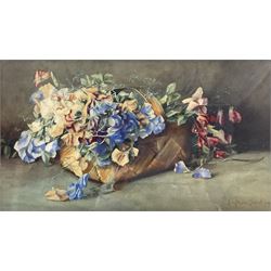 Linda Preston (Sheard) (British early 20th century): Basket of Flowers, watercolour signed and dated 1909, 28cm x 50cm