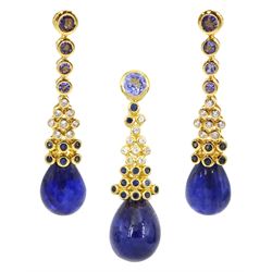 Silver-gilt sapphire, tanzanite and white zircon pendant and pair of matching stud earrings, stamped 925