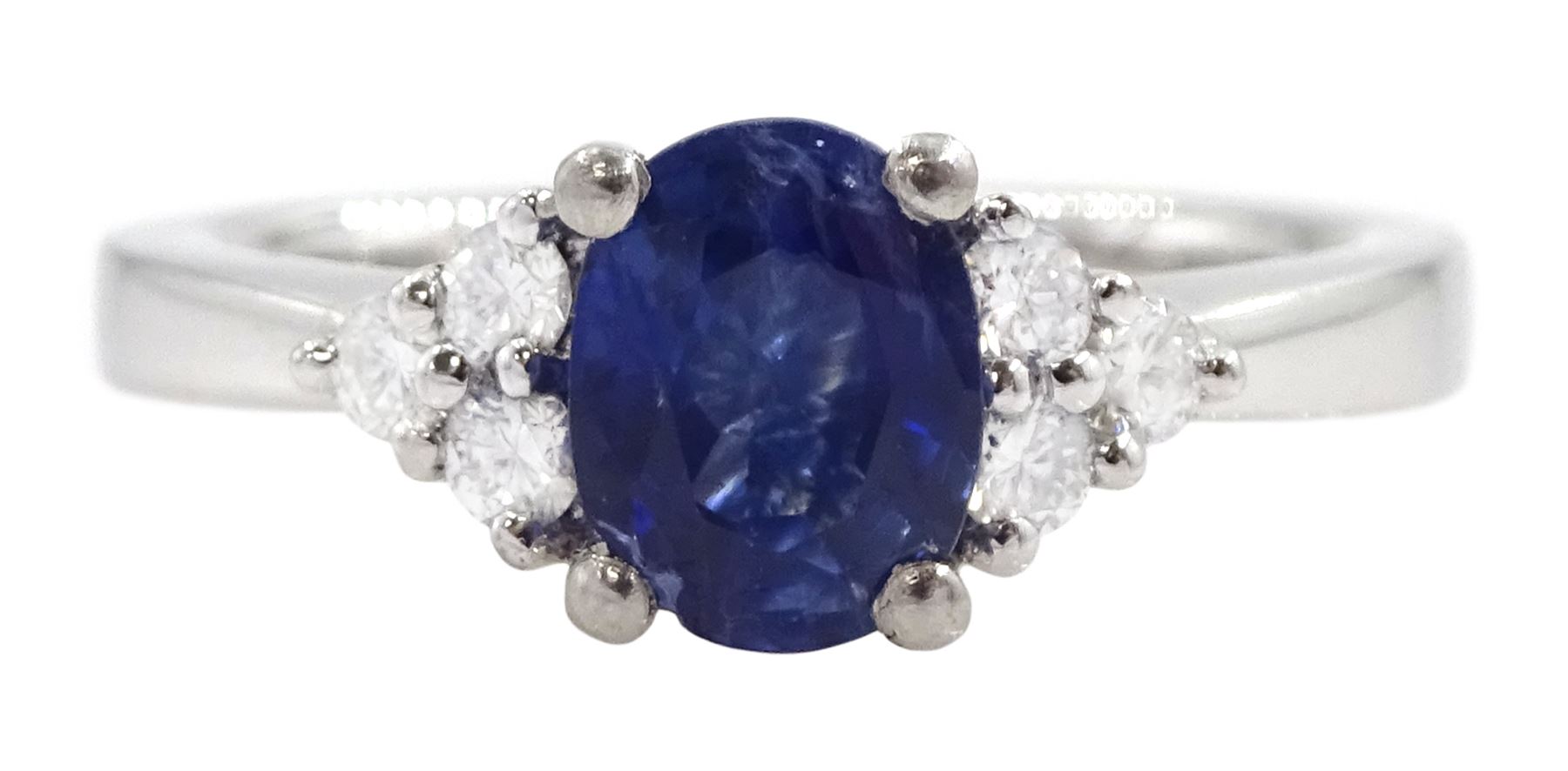 Platinum oval cut sapphire and six stone round brilliant cut diamond ring, hallmarked, sapphire approx 0.90 carat