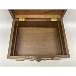 Art Deco walnut box, of rectangular form with moulded shaped front, opening to reveal compartmentalised interior with removable tray, with one draw to base, H18cm, W32cm, D25cm