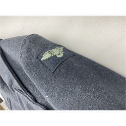 Two post-WWII British Army No.2 Dress tunics, one with Green Howards buttons; army shirt dated 1951; Royal Fleet Auxilliary jacket with trousers; three RAF/WAAF uniforms and RAF Greatcoat; and three canvas/webbing bags, two dated 1943 & 1945