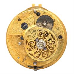 18th century verge fusee pocket watch movement by Andrew Dickie, Edinburgh, No. 1586, square baluster pillars, pierced and engraved balance cock decorated with a mask and diamond endstone, white enamel dial with Roman hours and outer Arabic minute ring with beetle and poker hands