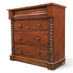 William IV style mahogany chest, rectangular moulded top over cushion-moulded frieze drawer and three long drawers with turned wooden handles, flanked by rope-twist turned pilasters, on plinth base