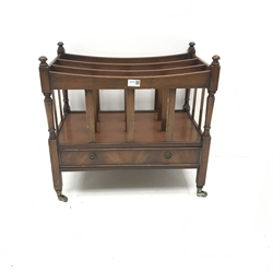 20th century mahogany Canterbury magazine rack, single drawer, turned supports, W56cm, H53cm, D35cm