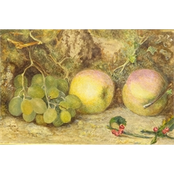  Still Life of Apples, Holly and Grapes, 19th/early 20th century watercolour unsigned 19cm x 29cm in Gothic style frame  