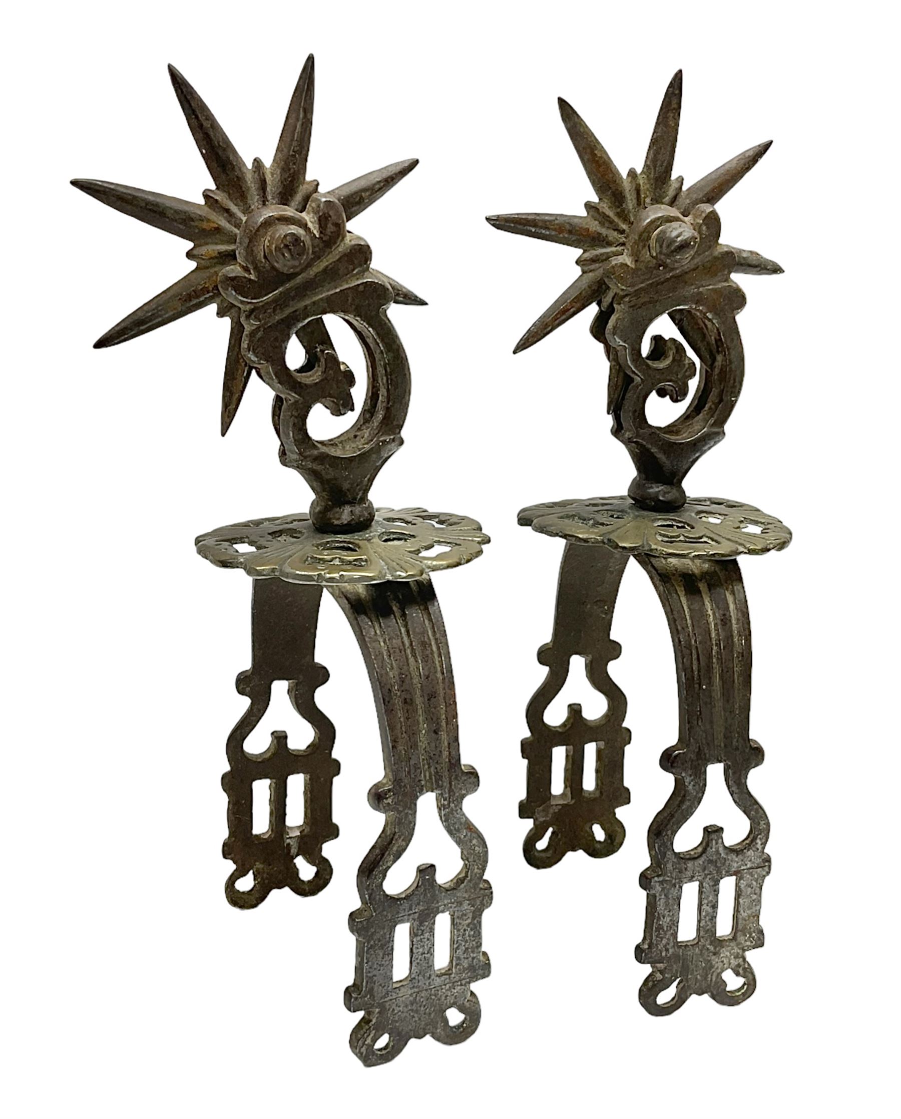 Pair of South American gaucho steel and brass spurs with eight-spike heel rowels, possibly Chilean L25cm