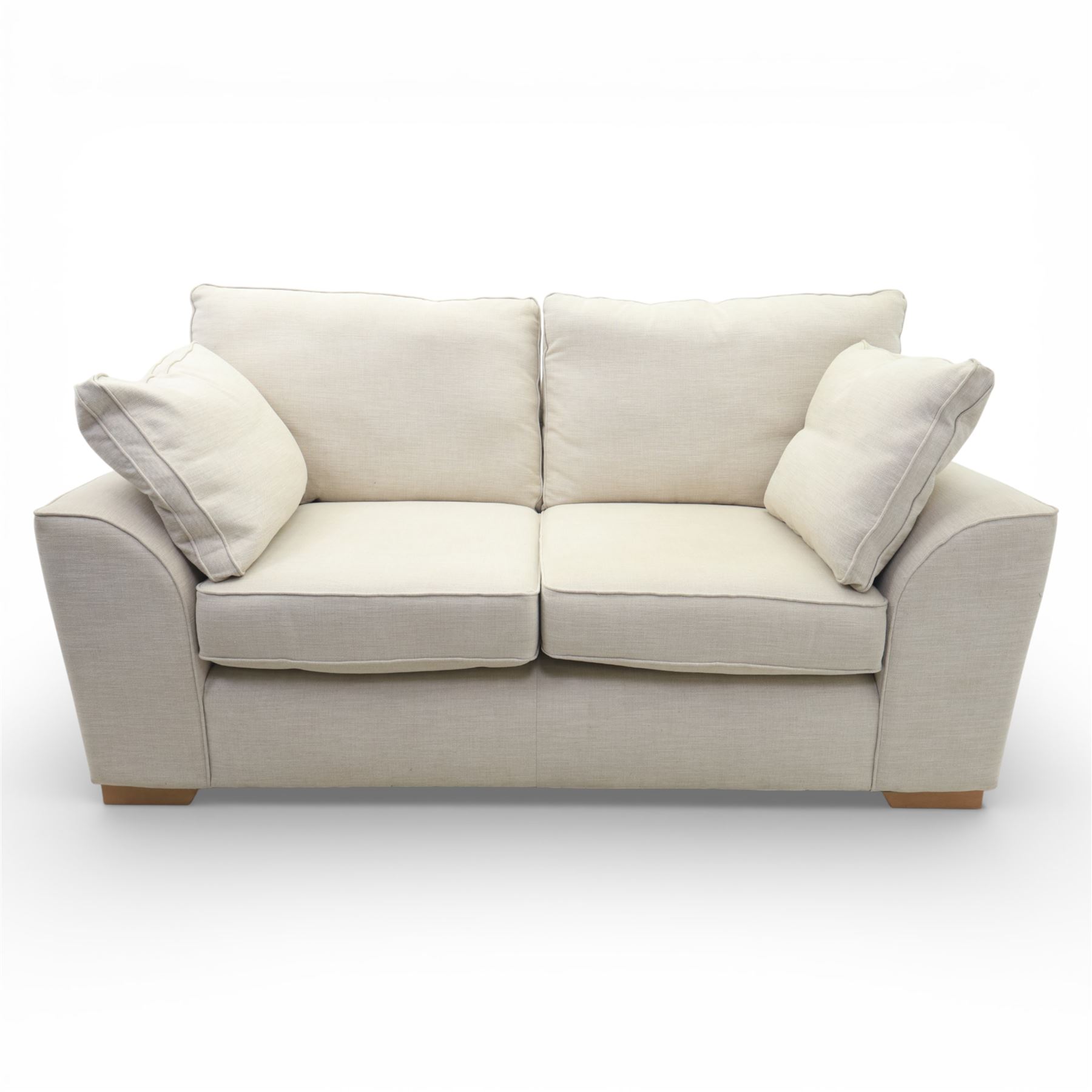 Next Home - Contemporary two seat sofa, square back and arms, upholstered throughout in beige fabric, fitted with two loose seat cushions and two loose back cushions, with arm cushions, raised on block wooden feet