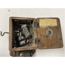 Two Hunningscone patent wall mounting telephones in walnut casing, together with Sterling Telephone & Electric Co. Ltd early wall-mounted telephone 'Primax' and one other 