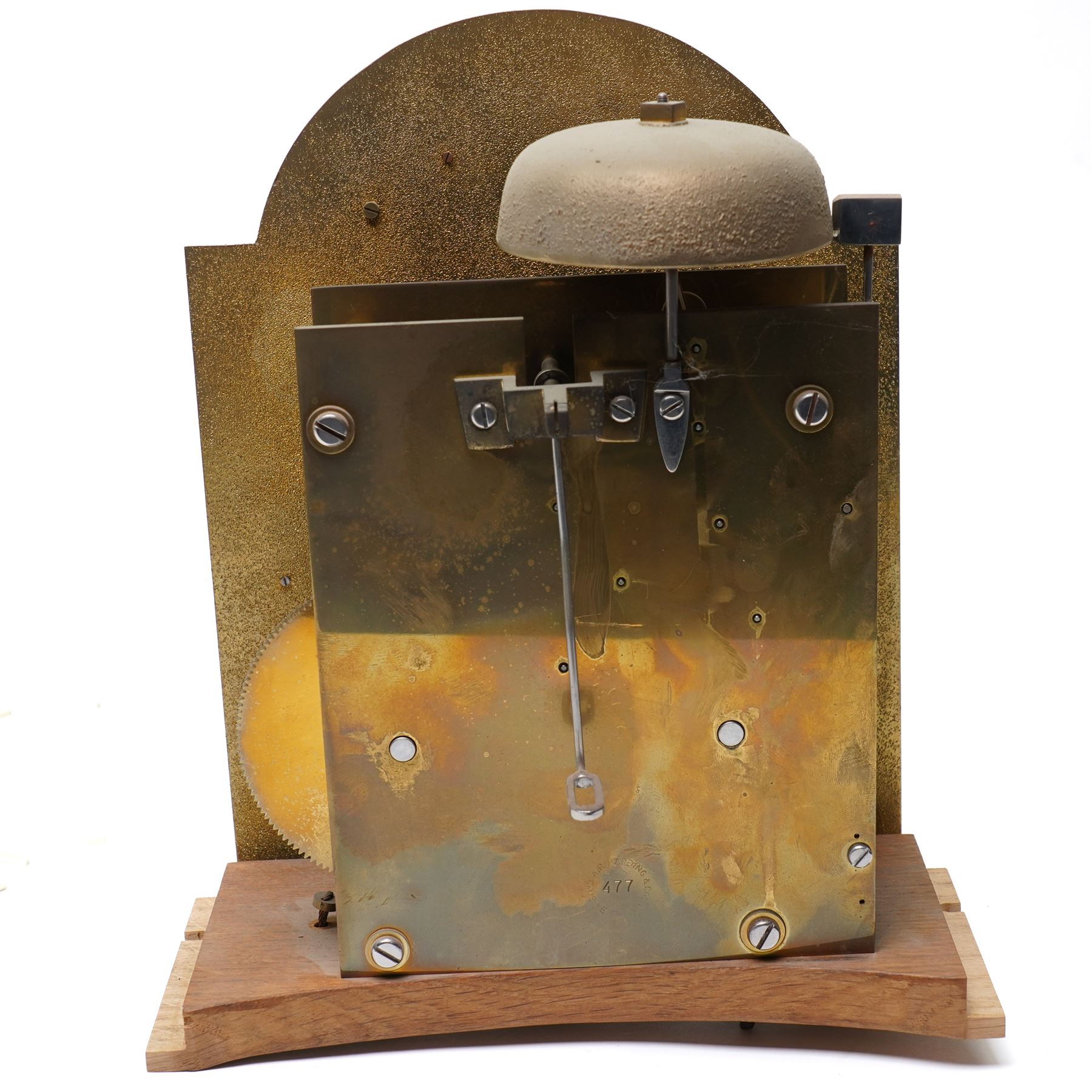 Mouseman - Oak 8-day grandmother clock, with a high quality weight driven movement and dial by Sinclair and Harding & Co of Cheltenham (No 477), brass break-arch dial with pierced steel hands, cast spandrels and a matted dial centre, silvered chapter with Roman numerals and minute track, dial pinned to  a two train rack striking movement, striking the hours on a cast bell, case with a full length glazed door and visible brass cased weights and conforming brass cased cylindrical pendulum. Signature carved mouse to the top of the arch of the case, from the workshop of Robert Thompson of Kilburn
With key.
Longcase.