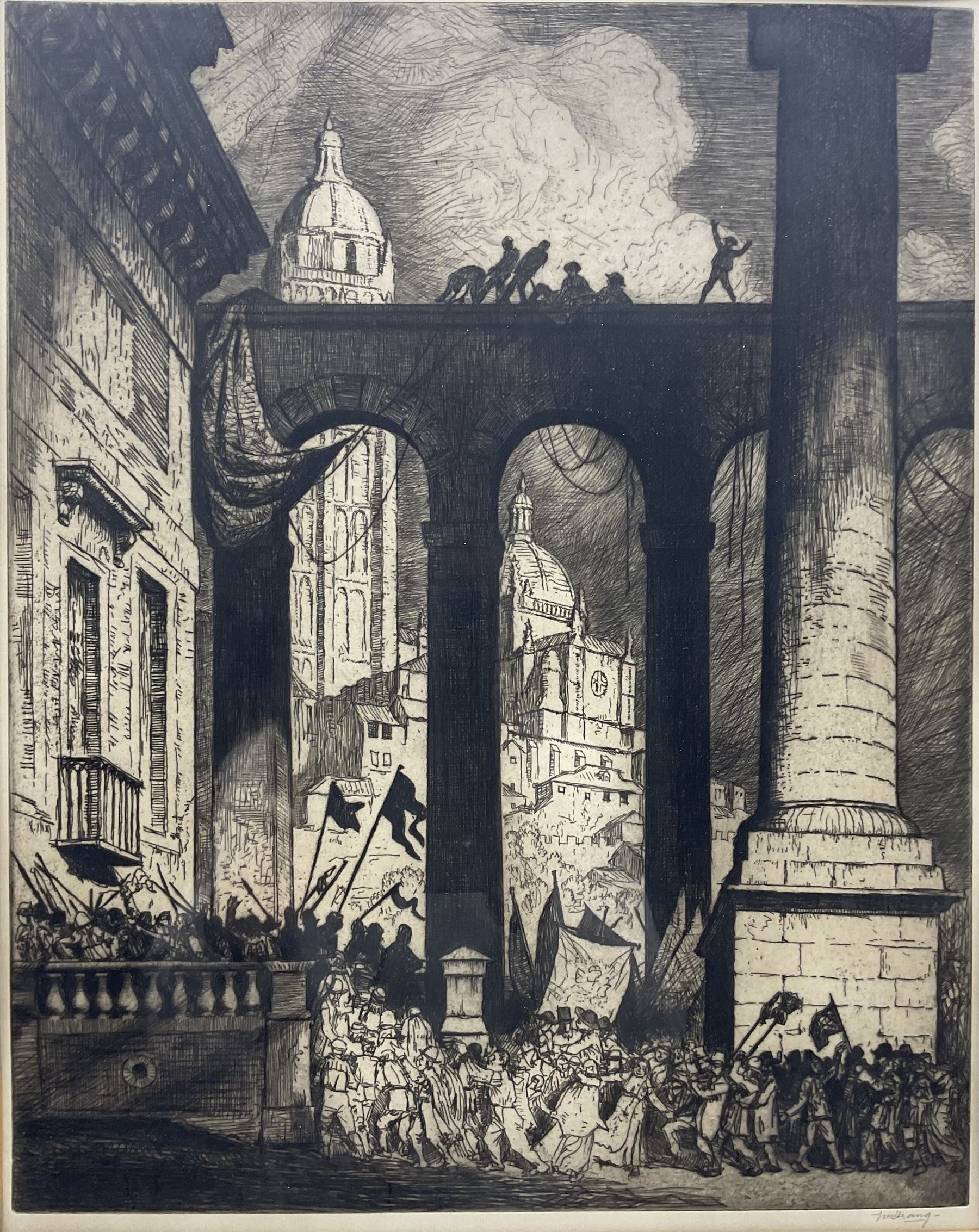 William Strang (Scottish 1859-1921): 'The Colonnade', drypoint etching c.1914 signed in pencil 51cm x 41cm