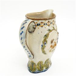 Prattware jug bearing initials JB and dated 1796, moulded with 'Mischievous Sport' and 'Sportive Innocence' pattern, painted in typical colours, H15cm