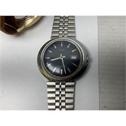 Four wristwatches including Seiko automatic, Sekonda, Timex and Ingersoll, silver Acme Lever pocket watch by H Samuel, 9ct gold keepers ring, silver and 9ct gold paste stone set cluster ring, silver and stone set silver jewellery and other vintage jewellery