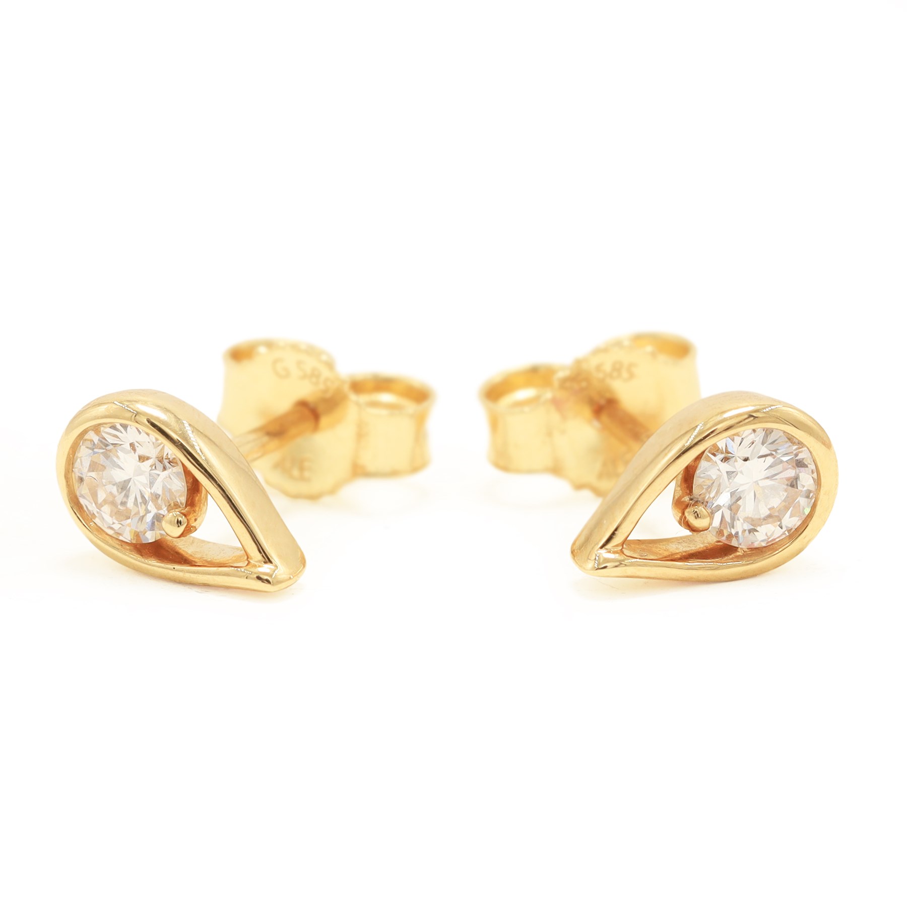 Pair of 14ct gold Pandora Infinite lab diamond pear shaped earrings, each stud set with a round brilliant cut diamond, stamped 585, total diamond weight 0.50 carat