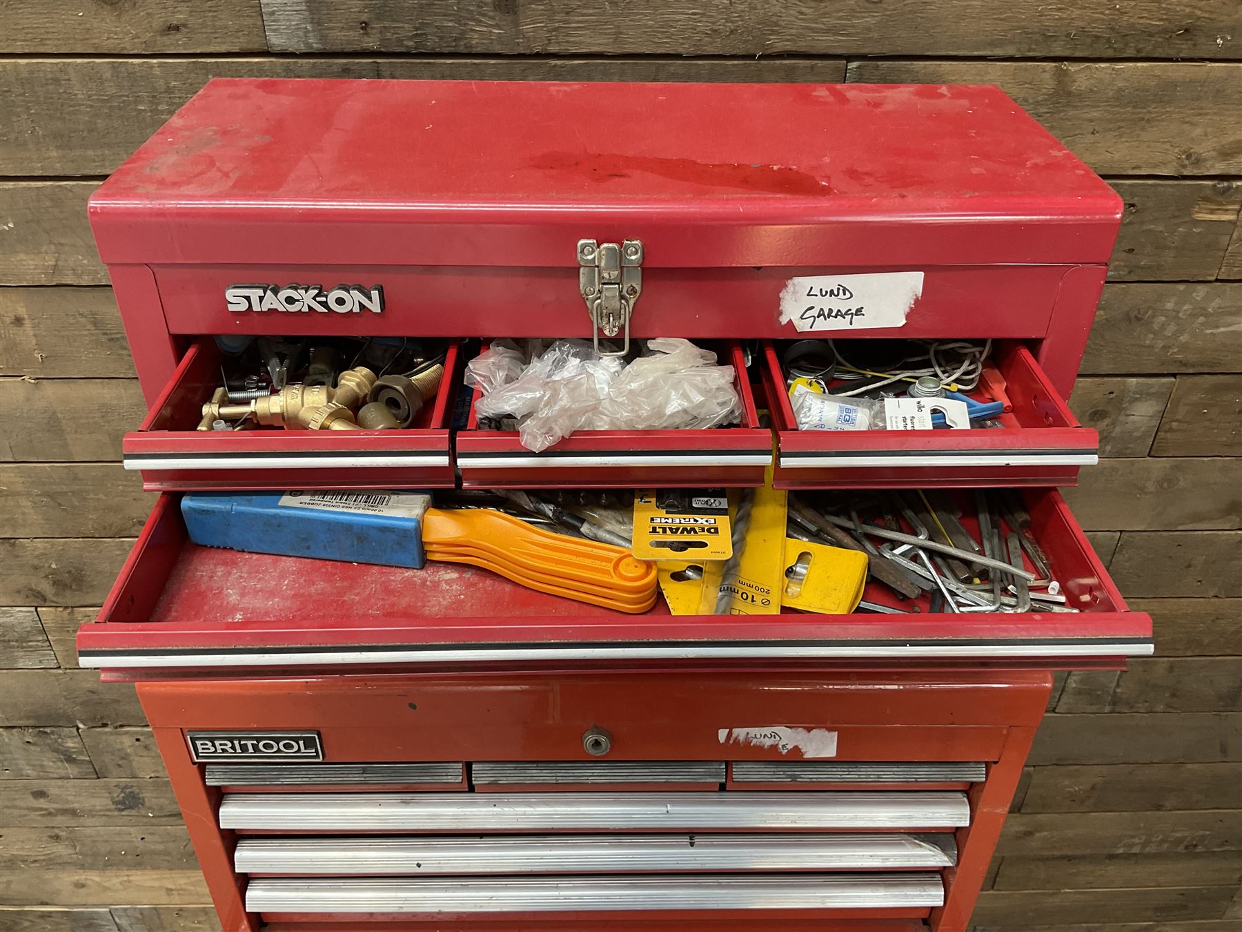 Britool, Halfords and Stack-on red tool chests with contents