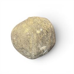 Pair of weathered cast stone garden models of fruit, in the form of an apple and pear