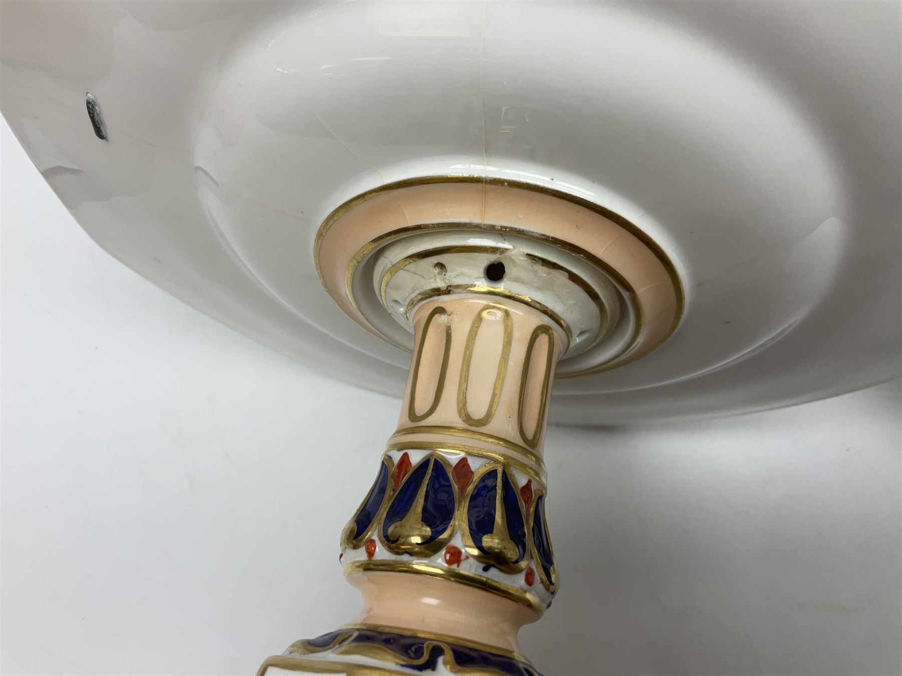 Devonport imari pattern comport set, comprising two tall comports and three low comports, together with twin handled pedestal ovoid vase, decorated with landscape with gilt swan handles, vase H25cm