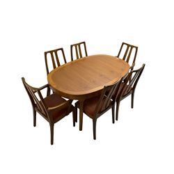 Nathan - mid-20th century teak oval extending dining table (W152cm D99cm H75cm); and Nathan - set six (4+2) mid-20th century teak high slat-back chairs, seats upholstered in light red fabric (W55cm H96cm)