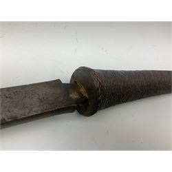 Burmese Dha type sword with 52cm plain steel slightly curving blade and plaited cane bound grip; in wooden scabbard with plaited cane bands L76.5cm overall