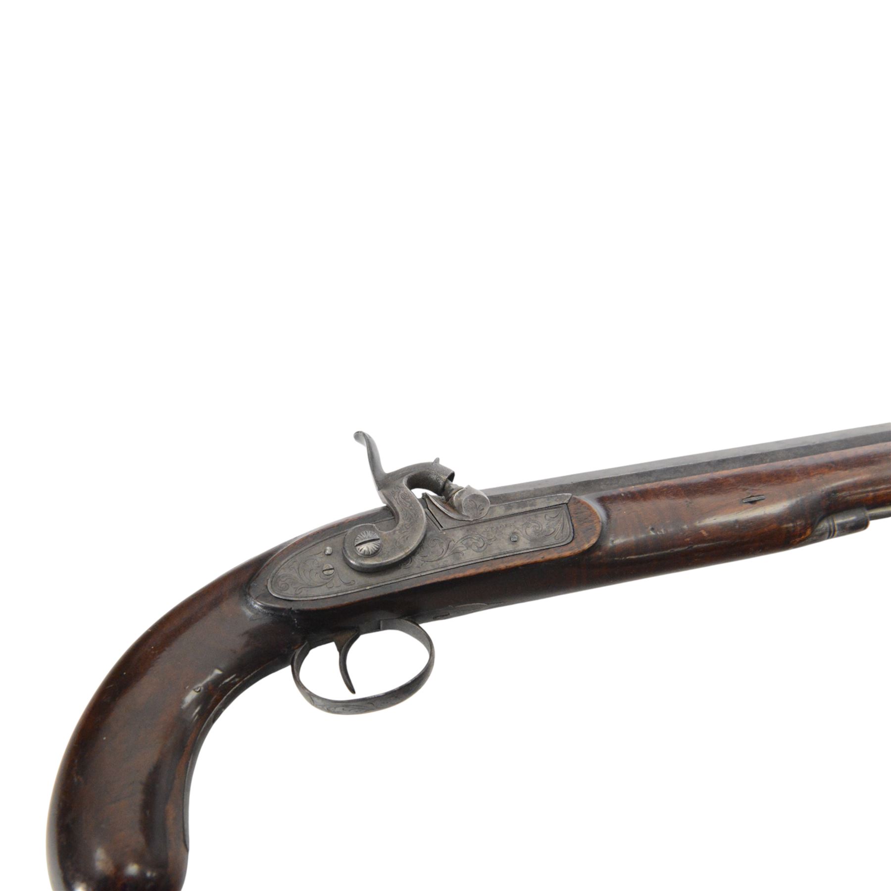 Holster pistol, by Stacey of Sheffield, with 7.5 in smoothbore octagonal barrel, lock marked Stacey, the walnut stock with vacant wrist cartouche and captive ramrod, overall L35cm 