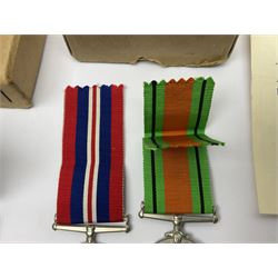 WWI pair of medals comprising British War Medal and Victory Medal awarded to 380807 Pte. W. Hayles Hamps. R.; Imperial Service Medal awarded to William Hayles; cased and boxed; WWII 1939-1945 War Medal and Defence Medal in issue box with slip; 1930s hallmarked silver football presentation fob etc