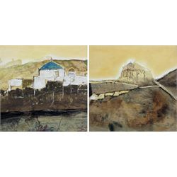 Leo McDowell R.I. (British 1936-2011): 'Byzantine Church - The Cyclades Greece' and 'Byzantine Church Cyprus', pair mixed medias one signed, titled and dated 1985 verso 23cm x 24cm (2)
