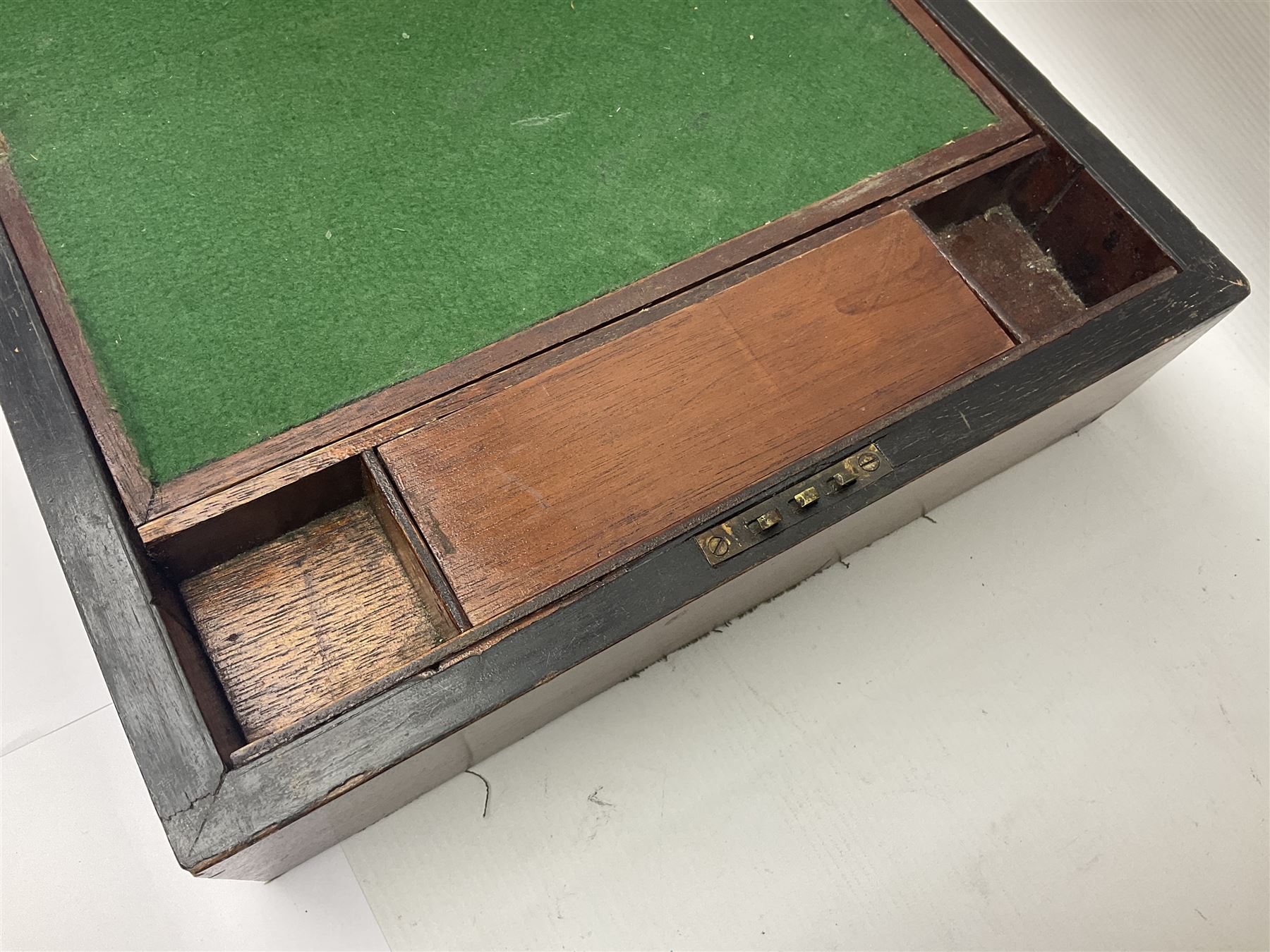 Victorian walnut and parquetry banded work box with brass shield and escutcheon, L30cm, together with mahogany writing slope with green baize writing surface, L35cm