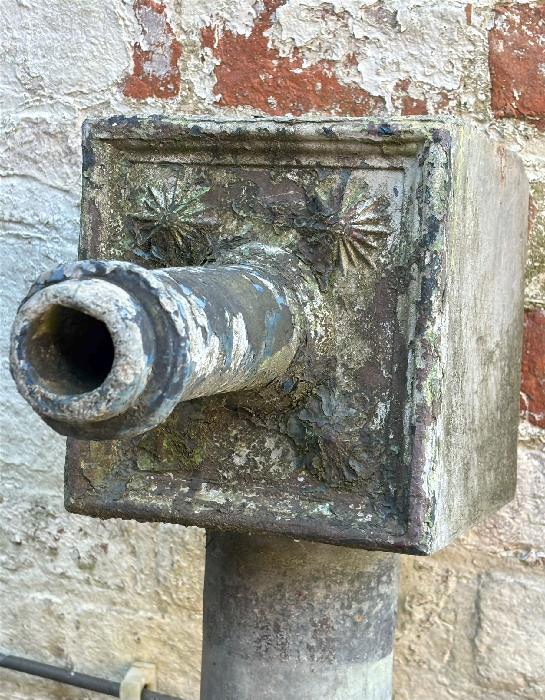 19th century lead water pump decorated with paterae, complete with wrought iron handle. H91cm.  - COLLECTION BY APPOINTMENT FROM: The White House, Thirsk Road, Easingwold, York, YO61 3NF - CALL 01723 507111 TO ARRANGE