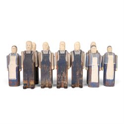 American Folk art figures with articulated arms, by Wolf Creek, makers mark and signatures...