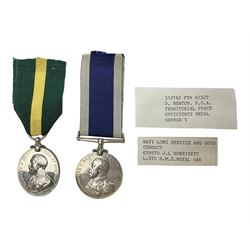 George V Naval Long Service and Good Conduct Medal awarded to K19570 J.L. Honeysett L. Sto. H.M.S. Royal Oak; and George V Territorial Force Efficiency Medal awarded to 312762 Ftr. S/Sjt. D. Newton R.G.A.; both with ribbons (2)