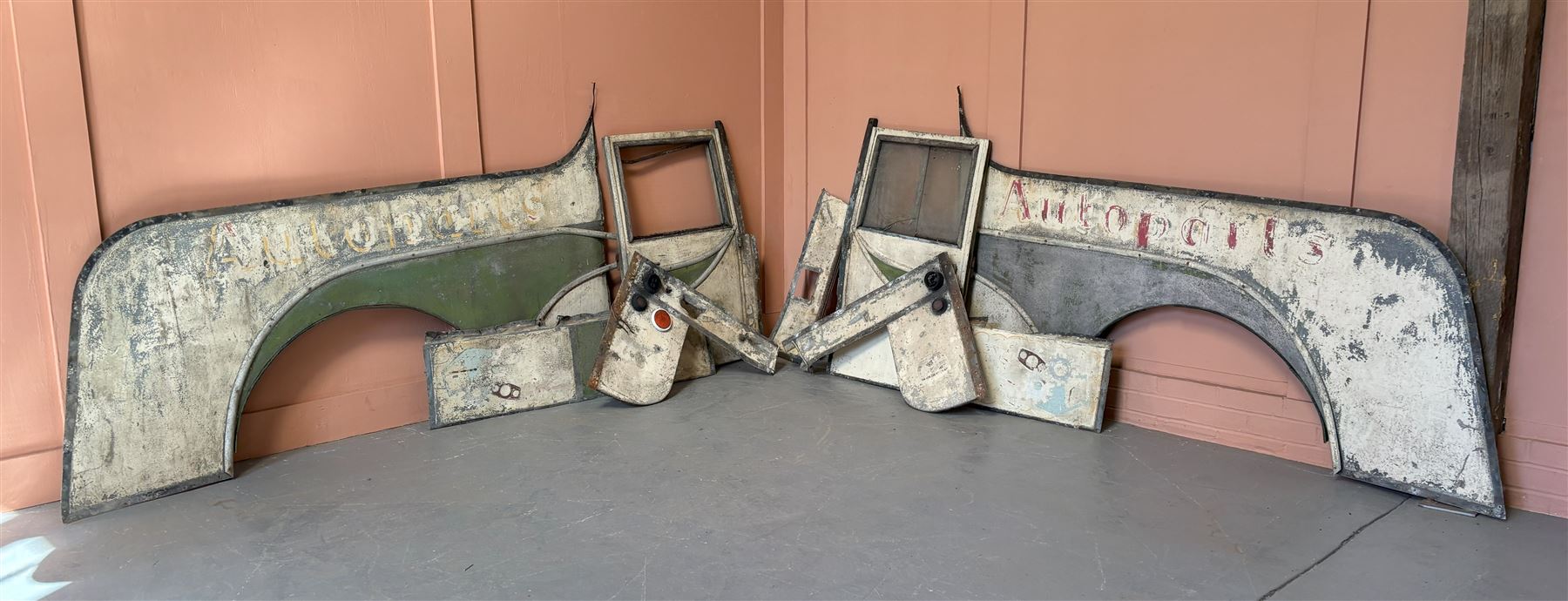 Post war coach built aluminium body panels from a recovery truck, once the property of Norman Ankers garage, 11 Monk Gate, York, complete with aluminium trims not shown. Longest panel L195cm. - COLLECTION BY APPOINTMENT FROM: The White House, Thirsk Road, Easingwold, York, YO61 3NF - CALL 01723 507111 TO ARRANGE