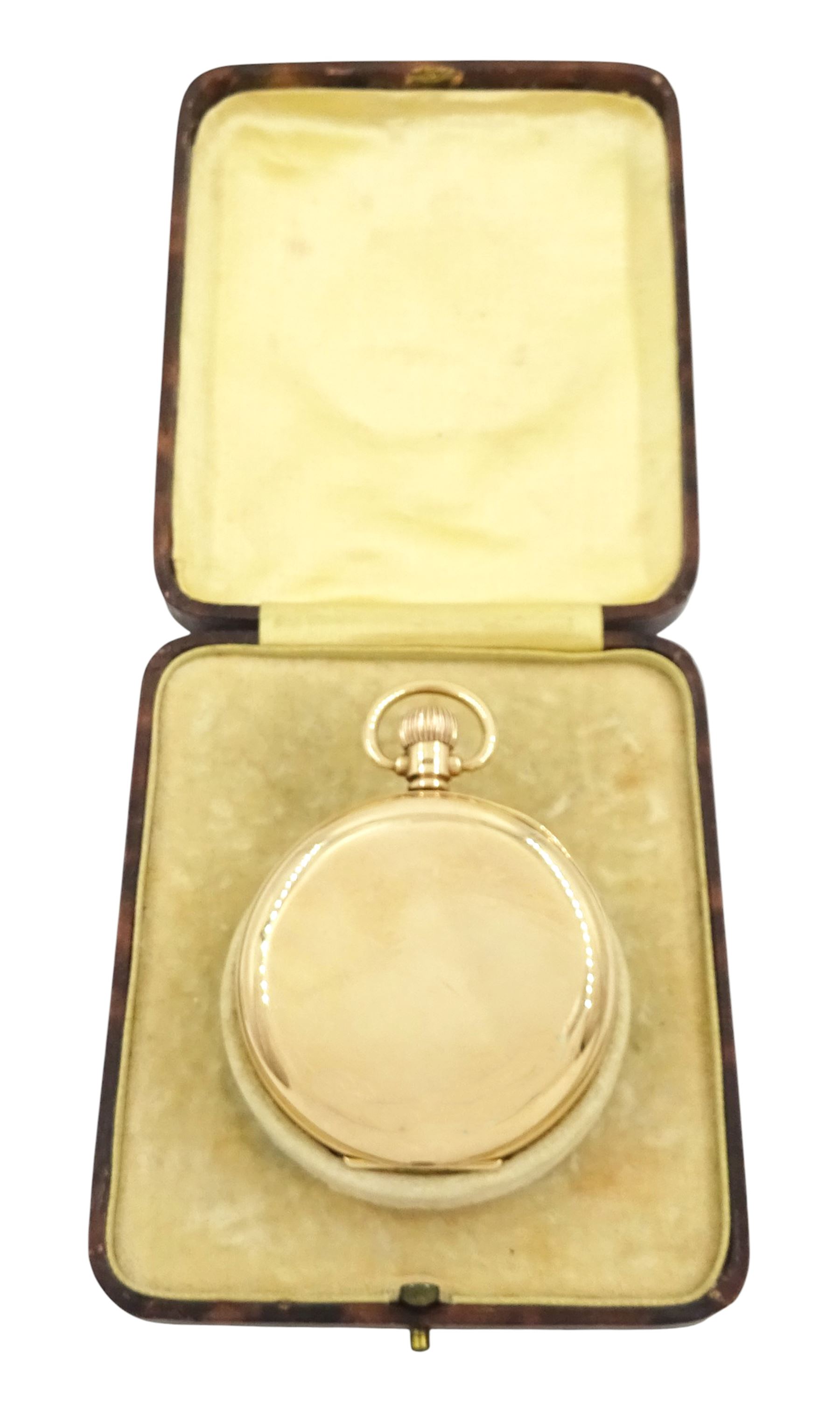 Early 20th century 9ct gold full hunter keyless lever pocket watch, white enamel dial with Roman numeral hour markers and subsidiary seconds dial, case by Aaron Lufkin Dennison, Birmingham 1927