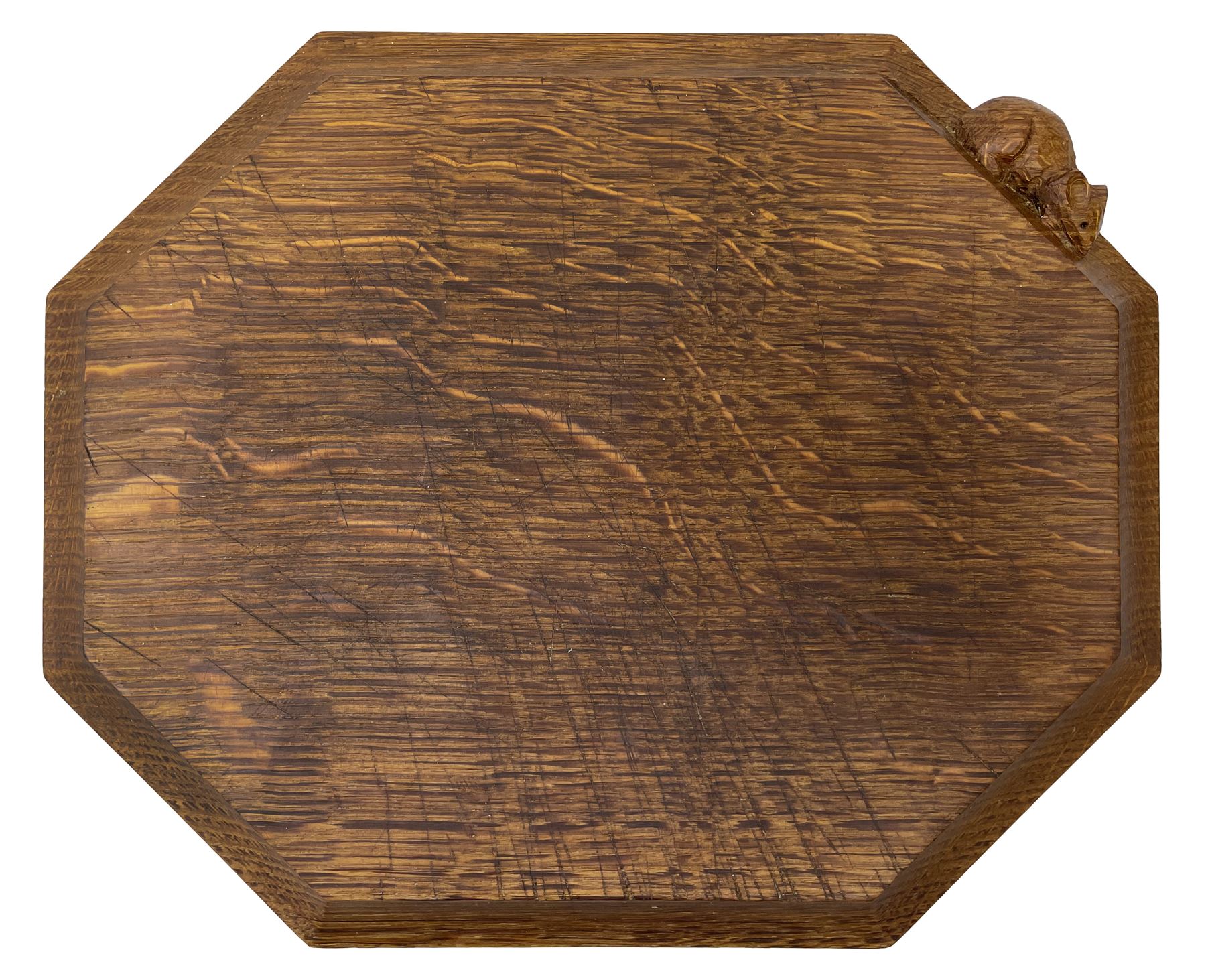 'Mouseman' oak breadboard, canted rectangular form with moulded edge carved with mouse signature, by Robert Thompson of Kilburn 
