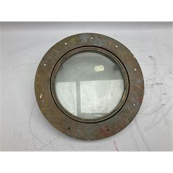 Four ship's large glazed brass portholes, two with opening facility; largest D38cm; and a ship's glazed brass hinged porthole opening cover (5)