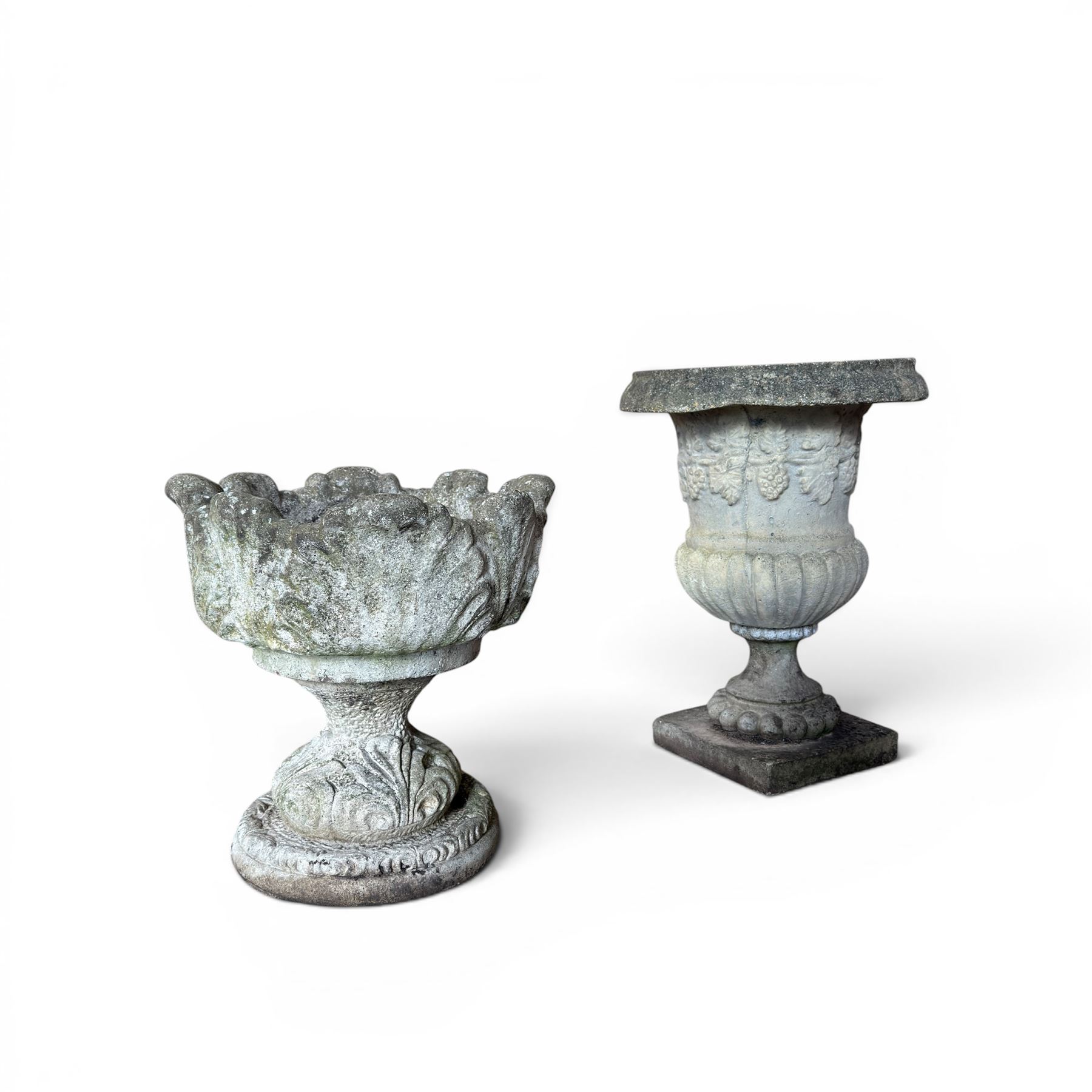Cast stone classic garden urn, raised on squat pedestal and an ornate cast stone urn (2)