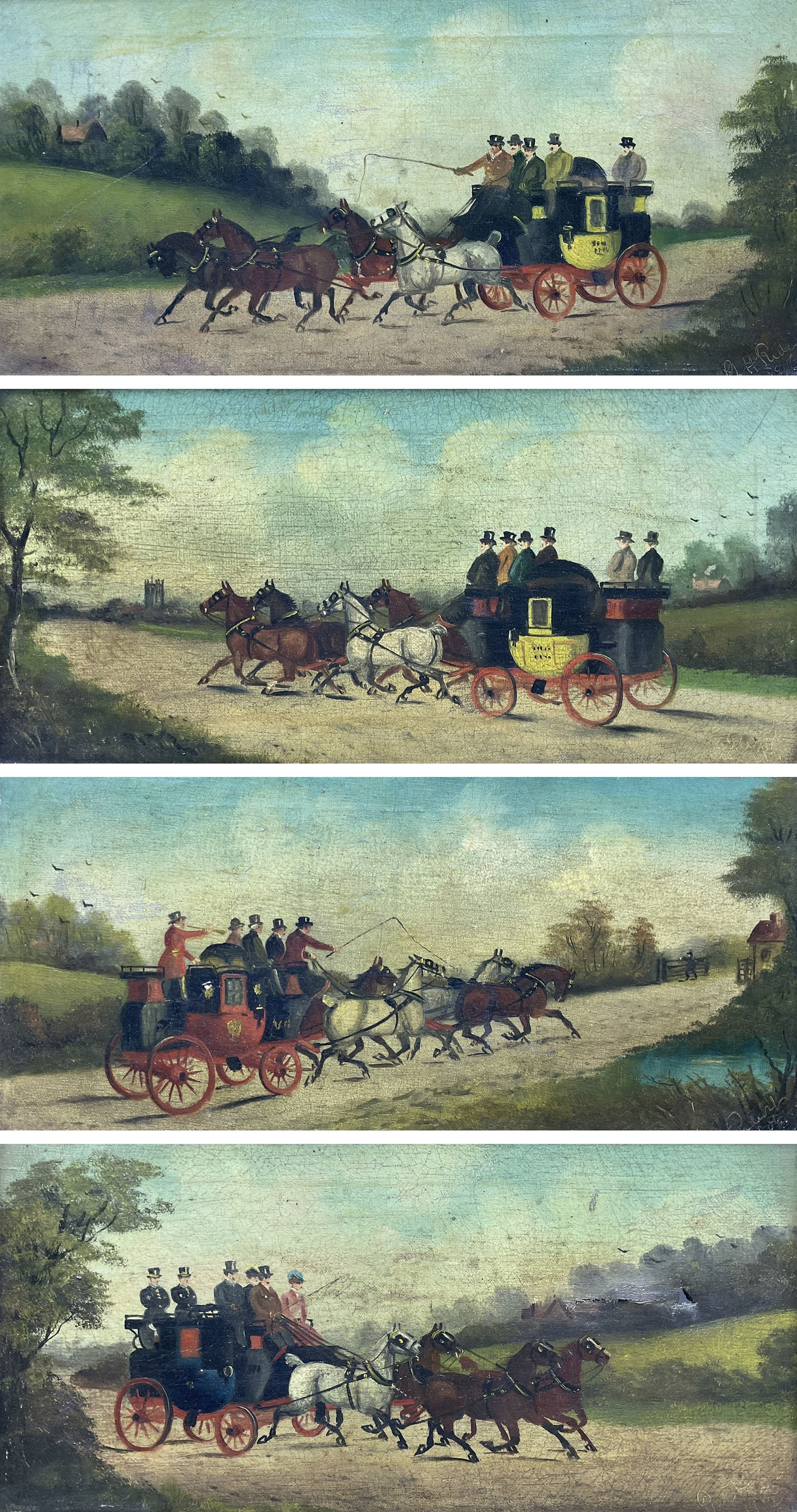 Philip Henry Rideout (British 1842-1920): Coaching Scenes, set of four oils on canvas signed 19cm x 40cm (one a/f) (4)