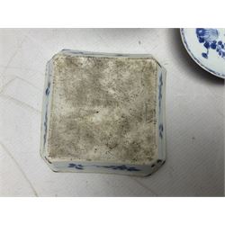 19th Century Imari pattern Japanese blood letting bowl, together with 19th century chinese blue and white square dish with decorated with blossoming flowers, together with thee blue and white saucers 